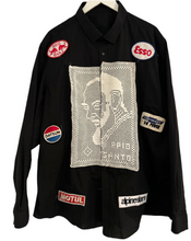 Load image into Gallery viewer, Black shirt with antique crochet front and vintage patches
