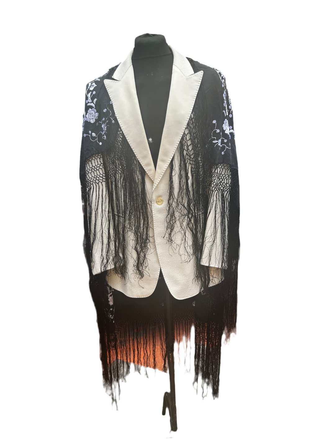 Cream blazer and silk antique shawl