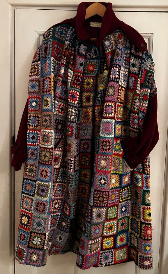 Burgundy wool coat with crochet front